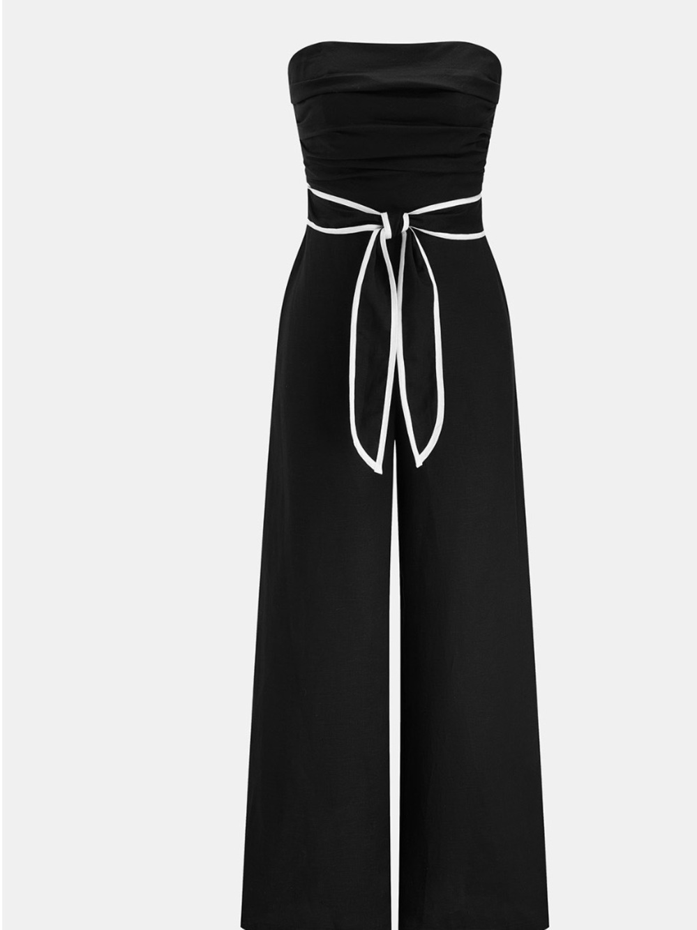 Commense Black Strapless Wide-Leg Jumpsuit with White Waist Tie